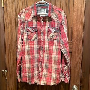 BKE Red Casual Button Down Shirt with Plaid Design